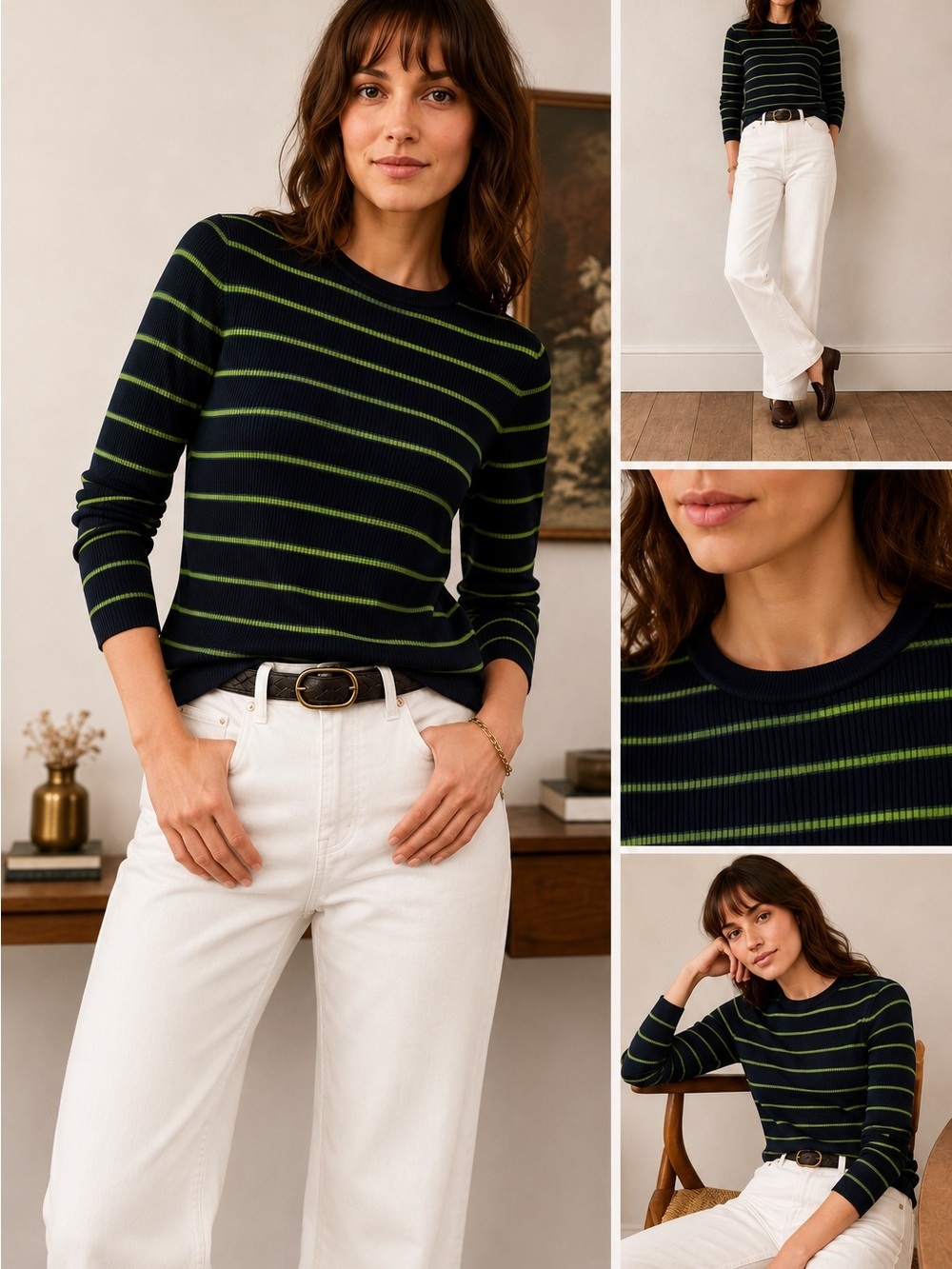 Silk Navy & Lime Stripe Knit Long Sleeve Medium